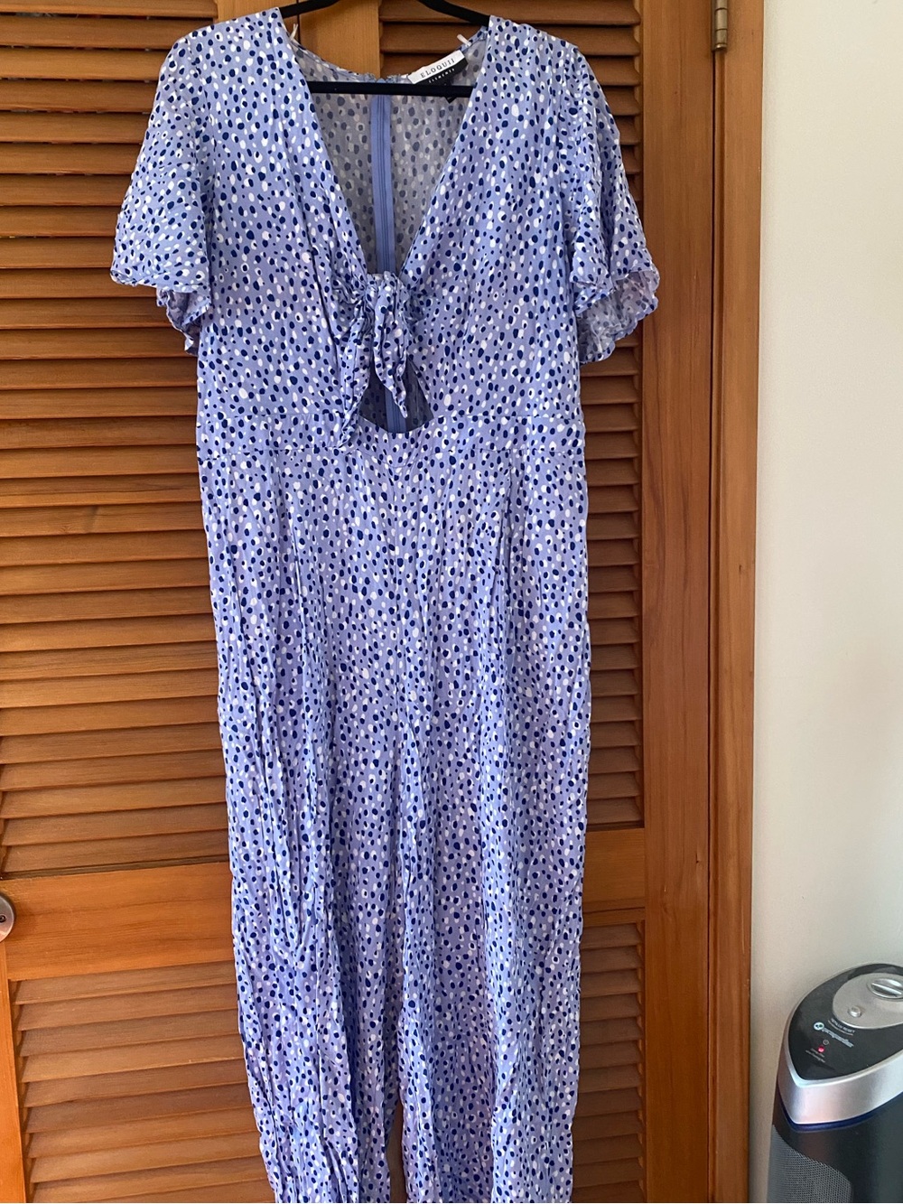 Eloquii Light Blue Dot Pattern Tie-Front Jumpsuit